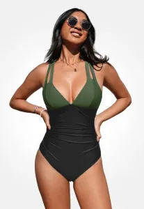 Слитный купальник с присборенным верхом и перекрестными лямками Cupshe, Olive Black