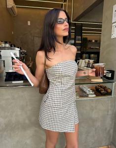 Комплектный топ-бюстье Labelrail x Barbara Ines в клетку коричневого цвета