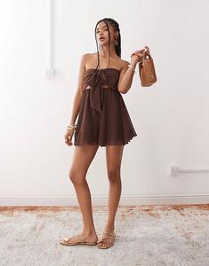 Пляжный шифоновый комбинезон Miss Selfridge с завязками спереди шоколадного цвета