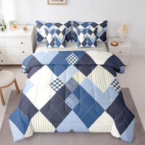 Erosebridal Комплект постельного белья Blue White с геометрическим принтом в виде алмазов и галактики, клетчатый плед, современный пэчворк, 7 предметов, Deep Blue Beige