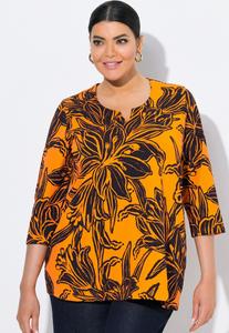 Топ Ulla Popken LEAF 3/4 SLEEVE SPLIT NECK TEE, Clementine/Orange
