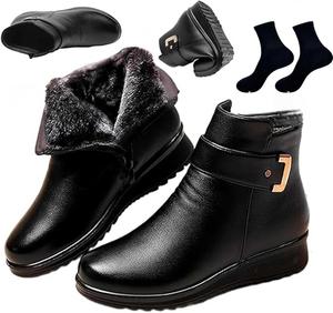 Женские ботинки с металлической пряжкой из натуральной кожи с шерстью, ортопедические ботинки для женщин, зимние теплые водонепроницаемые ботильоны на молнии сбоку GHTRHSB, Black