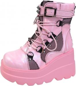Женские ботильоны ZBYY с шнуровкой, боевые, на платформе и танкетке, средние по голенику, в военном стиле, готические с пряжкой, зимние ботинки на щиколотку, Pink