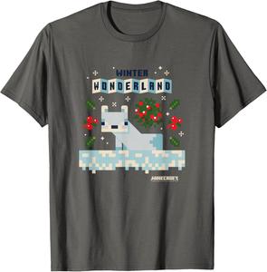 Футболка Minecraft Рождественская зимняя сказка с милым снежным лисом, серая