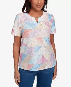 Женский топ с геометричным пэчворком и вырезом-"замочной скважиной" Alfred Dunner, мультиколор