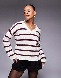 Джемпер Princess Polly Forte с V-образным вырезом и воротником в красную и кремовую полоску
