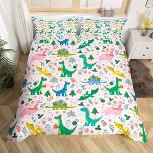 Erosebridal Розовый рождественский пододеяльник Full с милыми динозаврами и новогодними персонажами, Pink Green