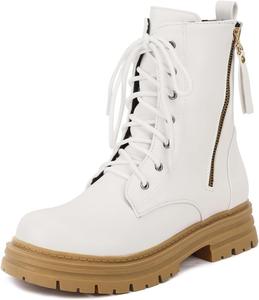 Женские модные ботинки на плоской подошве с шнуровкой, боевые, до щиколотки, с круглым носком, удобные, с низким каблуком, вестерн, короткие JOEUSTY, White
