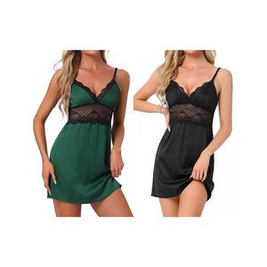 2 шт женское атласное белье шелковая ночная сорочка кружевной бэбидолл слип ночная рубашка свадебный халат пижамное платье Inspire Chic, Black Green