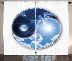Штора ABAKUHAUS в деревенском стиле, фигуры Луны и Солнца, универсальные ленточные шторы для гостиной с петлями и крючками, 280 x 225 см, темно-синий, небесно-голубой, белый Abakuhaus