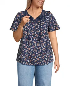 Женская туника больших размеров с рукавами-крылышками, кружевной отделкой и вырезом под горло Lands' End, синий