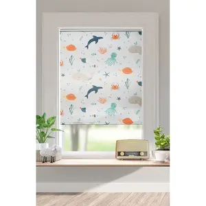 Штора-затемнитель Ocean затемняющая, защита от посторонних взглядов | затемнение | энергосберегающая, без сверления, свободно висящая, фиксированный размер, крепление на зажим, море, животные, детская рулонная штора Lüttenhütt, синий