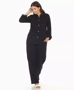 Женский комплект из хлопковой марли с длинным рукавом и застежкой на пуговицы White Mark, черный