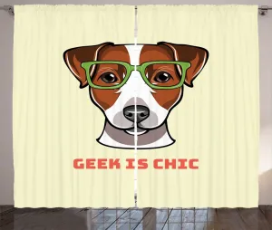Штора ABAKUHAUS Jack Russell Rustic, Собака в умных очках, универсальная ленточная штора для гостиной с петлями и крючками, 280 x 225 см, цвет: зеленый, коричневый, кремовый Abakuhaus