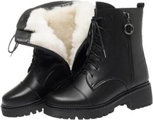 Женские короткие ботинки Niiyyjj большого размера, теплые ботинки до щиколотки, британский стиль, противоскользящие, из натуральной кожи, зимние ботинки, Black Wool