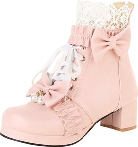 Готические платформенные ботильоны на шнуровке с массивным высоким каблуком, с бантом, для косплея, с молнией, панк-обувь Generic, Pink