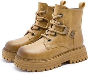 Женские ботинки на шнуровке с круглым носком, боевые ботильоны, ретро-платформенные рабочие ботинки Picusiqa, Yellow 7Cm