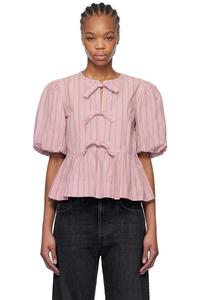 Хлопковая поплиновая блузка с баской и завязками Ganni, цвет lilac sachet