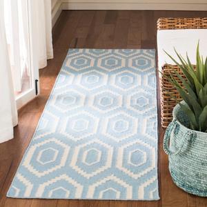 Ковер SAFAVIEH, 77 x 183 см, Dhurries Collection Runner, Blue & Ivory, ручное плоское плетение из шерсти, идеально для помещений с высокой проходимостью в гостиной, спальне (DHU556B)