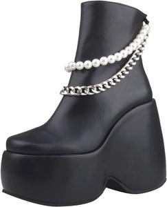Женские ботильоны YDN на платформе с круглым носком, жемчужной танкеткой и высоким каблуком, с цепочкой, задней молнией, размеры 4-15 US, Black