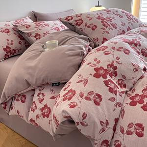 Jie Liya Комплект постельного белья из 4 предметов (простыня на резинке 180 см, пододеяльник 200х230 см), жаккард, гребенной хлопок Синьцзян, цвет Yueyi Tang - Red