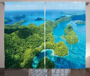 Шторы ABAKUHAUS Antenna Rustic, панорамный вид на острова Палау, универсальные ленточные шторы для гостиной с петлями и крючками, 280 x 225 см, лазурно-голубой и папоротниково-зеленый Abakuhaus