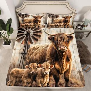Erosebridal Комплект постельного белья Highland Cow с принтом в стиле кантри, Beige Brown