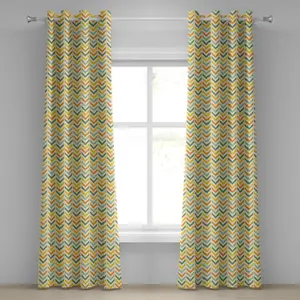Угловая штора ABAKUHAUS с люверсами, ретро-пейзаж, цветная зигзагообразная вертикальная полоса, декоративные двухпанельные шторы, 280 см x 225 см, зеленый, желтый, оранжевый