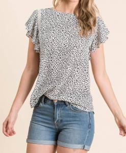 Белая блузка с леопардовым принтом и расклешенными рукавами GEEGEE