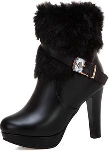 Женские плюшевые ботильоны на высоком каблуке с боковой молнией, модная декоративная пряжка со стразами, зимние удобные с меховой подкладкой, теплые нескользящие на платформе, для свадебной вечеринки и платьев Oigunle, Black