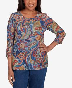 Укороченный топ с цветочным принтом и вышивкой, круглый вырез Alfred Dunner, Dark Blue
