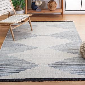 Ковер SAFAVIEH, 153 x 244 см, Kilim Collection, Blue & Ivory, ручной работы плоское плетение бохо геометрический Wool & Jute, идеально для помещений с высокой проходимостью в гостиной, спальне (KLM309L)