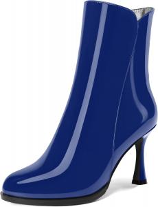 Женские ботильоны на высоком каблуке 3,3 дюйма с круглым носком, молнией и лакированной кожей, свадебное платье DEMOSHINE, Royal Blue