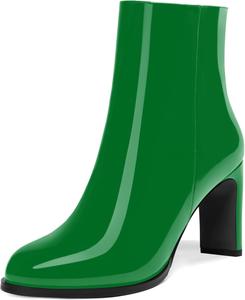 Женские ботильоны с круглым носком из лакированной кожи с молнией, на высоком каблуке 3,3 дюйма DEMOSHINE, Green