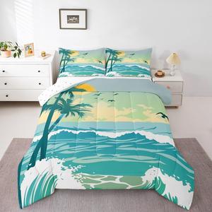 Erosebridal Комплект постельного белья Summer Ocean с тропическим принтом из пальм и морских волн в синих тонах, Blue Green Yellow