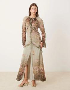 Платье макси ASOS DESIGN с глубоким вырезом и длинными рукавами, с леопардовым цветочным принтом и омбре