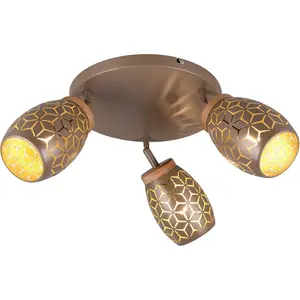 REALITY светильники Потолочная лампа BIDAR, потолочный светильник с 3 поворотными световыми точками, без 3x E14 макс. 10 Вт E14 1 шт. металлический абажур с лазерной резкой и декоративными элементами из дерева Ø 58 см Reality Leuchten, коричневый