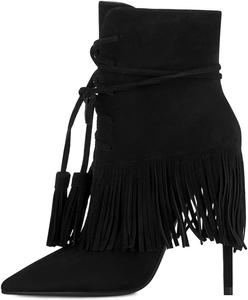 Женские западные ковбойские ботильоны YDN с завязками, кисточками, средней длины до голенища, на шпильке, замшевые с боковой молнией, модные праздничные туфли, размеры US 4-15, Black