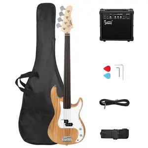 Электрогитара Glarry безладовая бас-гитара полного размера с 4 струнами для опытных басистов, цвет бурый / усилитель 20 Вт