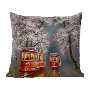 Подушка для улицы - Живопись - Картина маслом - Трамвай - Цветущее дерево - 50x50 см - Устойчива к погодным условиям - Подушка для отдыха - Удобная - Подушка с рисунком MuchoWow