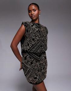 Бархатное мини-платье с воротником-хомутом и отделкой по всей поверхности ASOS DESIGN черного цвета