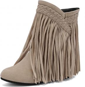 Женские сапоги Alyaafifa с бахромой, массивным блочным каблуком на танкетке, широкие голенища, ботильоны с закрытым носком, без застежки, короткие сапожки с V-образным вырезом и кисточками, модные, нарядные и удобные, Suede - Wedge Heel - Beige