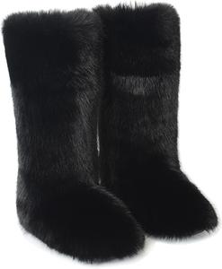 Женские пушистые сапоги QMFUR с искусственным мехом, высокие до колена, теплые зимние ботинки с круглым носком, из замши, удобные мягкие плоские ботинки для улицы и дома, модные сапоги, Black 1