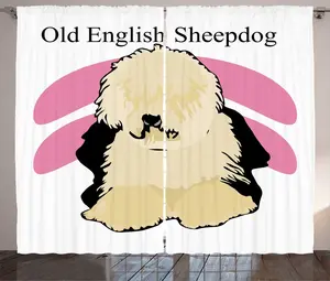 Штора ABAKUHAUS "Английская овчарка" в деревенском стиле, изображение собаки, универсальная ленточная штора для гостиной с петлями и крючками, 280 x 225 см, бежево-розовый. Abakuhaus