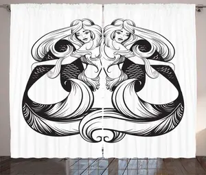 Винтажная штора в деревенском стиле ABAKUHAUS с морским рисунком, эскиз русалок, присборенная штора для спальни с петлями и крючками, 280 x 225 см, цвет: угольно-серый и белый Abakuhaus