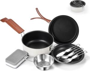 Туристический набор посуды и приборов Odoland из нержавеющей стали, 10 предметов, кремовый