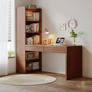 Угловой стол из массива дерева Naijia с полками, 100 см, глубокий орех, двойной ящик, OSB экоплита без формальдегида