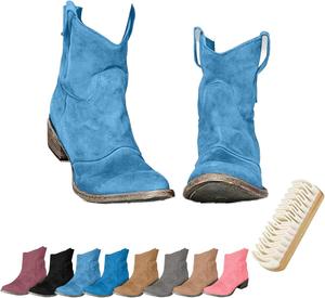 Женские ковбойские сапоги с низким каблуком, мягкие, из замши, массивный каблук, короткие ботильоны до щиколотки с круглым носком, на молнии сзади, на среднем голенище Generic, Light Blue