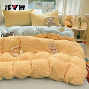 Yalu Комплект постельного белья 1.5м, 4 предмета: пододеяльник 200x230 см, простыня, 2 наволочки, цвет Huangpianlan, лицевая сторона овчина, изнанка молочный вельвет