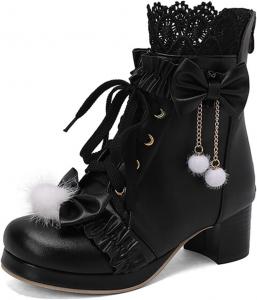 Женские ботильоны на толстом каблуке с шнуровкой, кавайные туфли с бантом, зимние платформенные ботинки Лолита, костюмированные туфли, милые ботинки до щиколотки Generic, Black